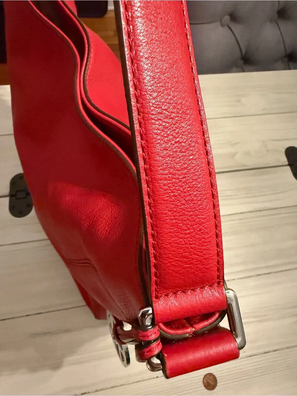 Michael Kors Red Genuine Leather Hobo Shoulder Bag MK Charm Silver Hardware